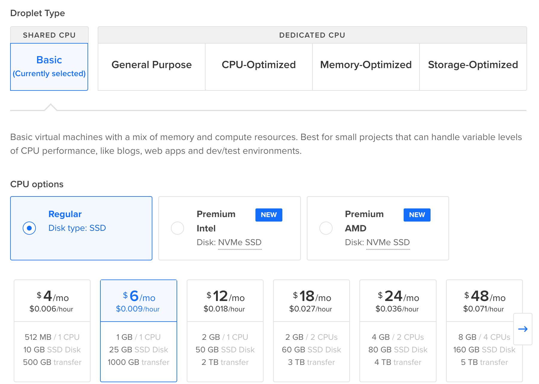 choose a droplet type for your data server